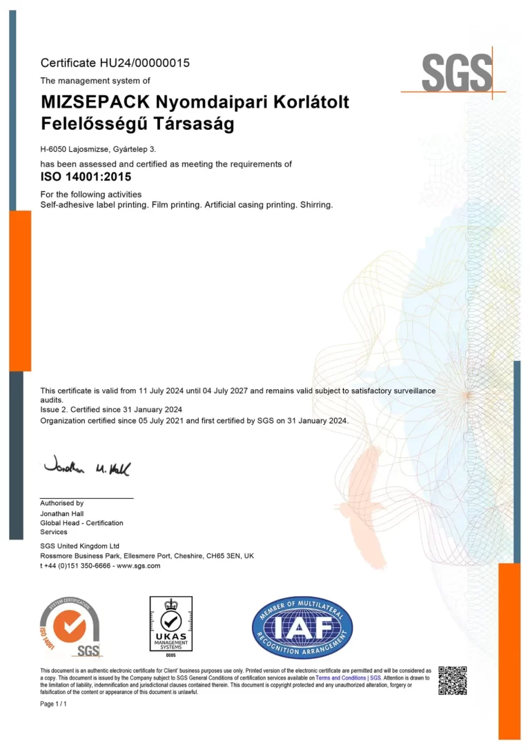 Mizsepack SGS ISO 14001:2015 tanúsítvány