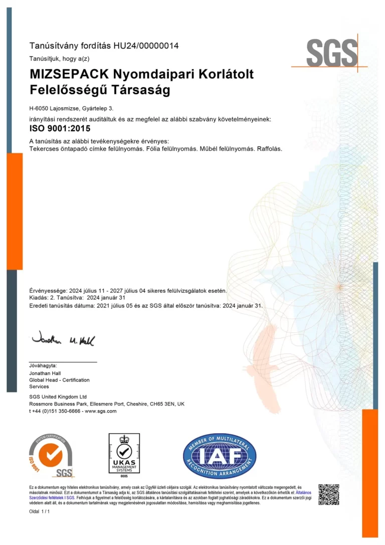 Mizsepack SGS ISO 9001:2015 tanúsítvány